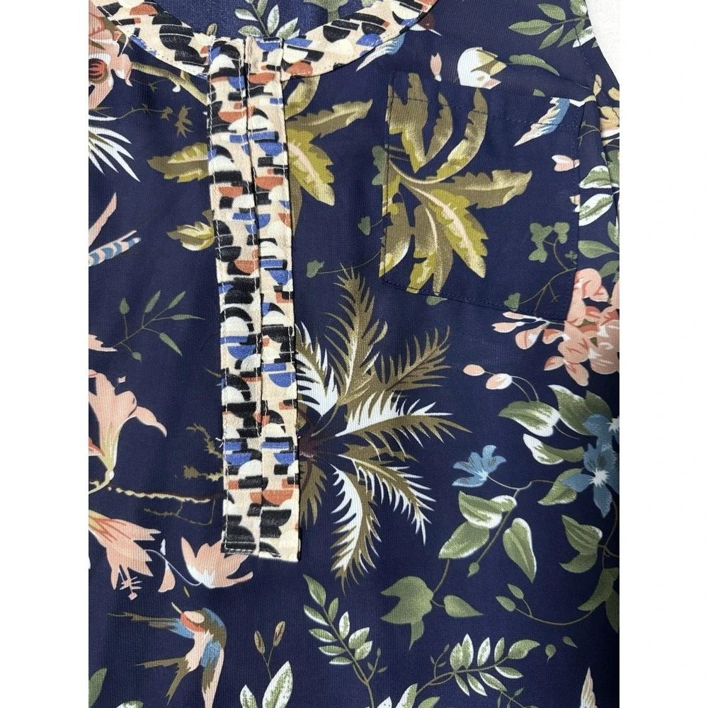 Tiny Anthropologie Zuma Navy Blue Gray Bird Floral Print Tank Top Blouse Size XS
